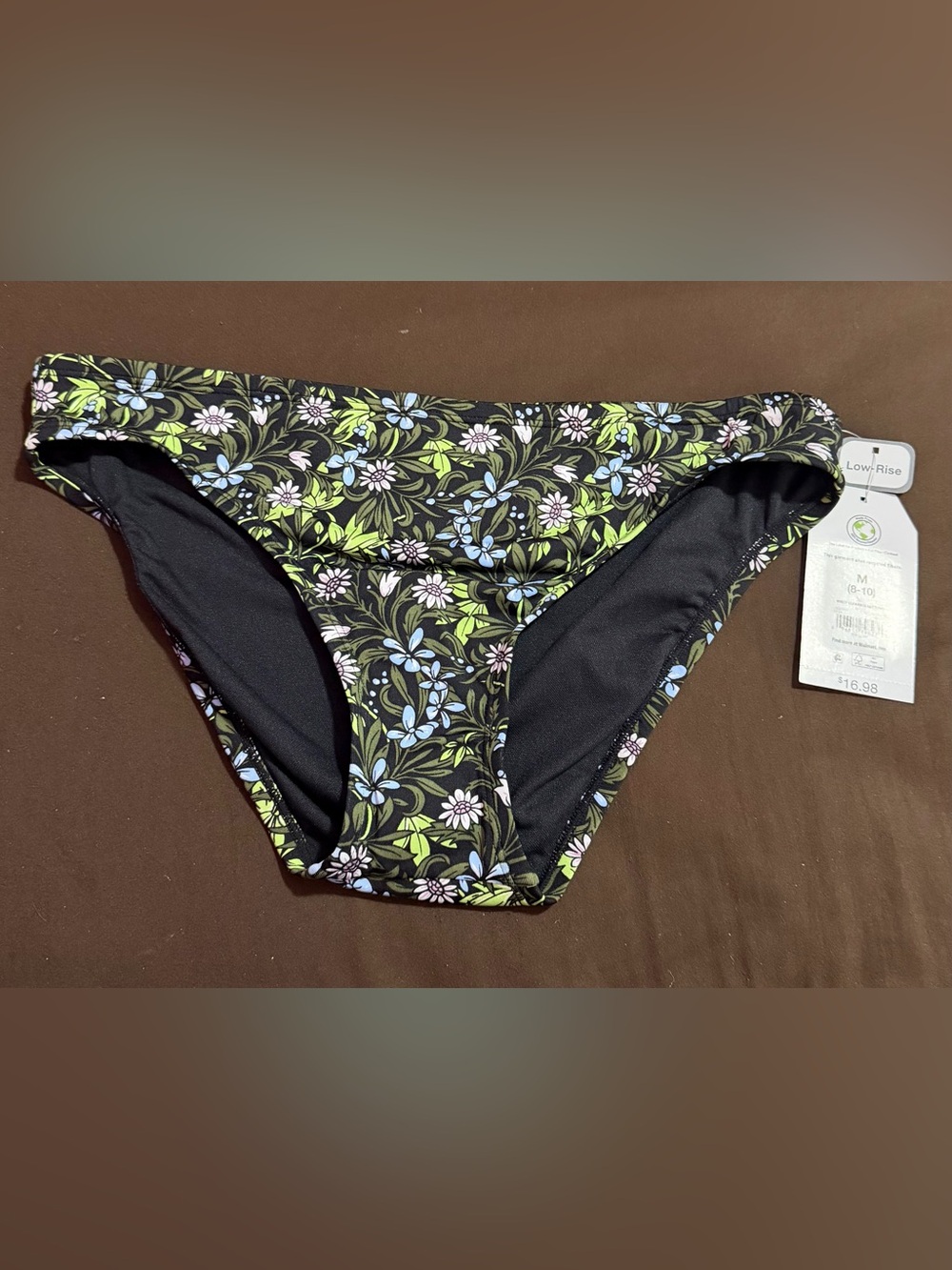 NWT. Low-Rise Floral Bikini Bottoms - Black with Blue & Green Floral